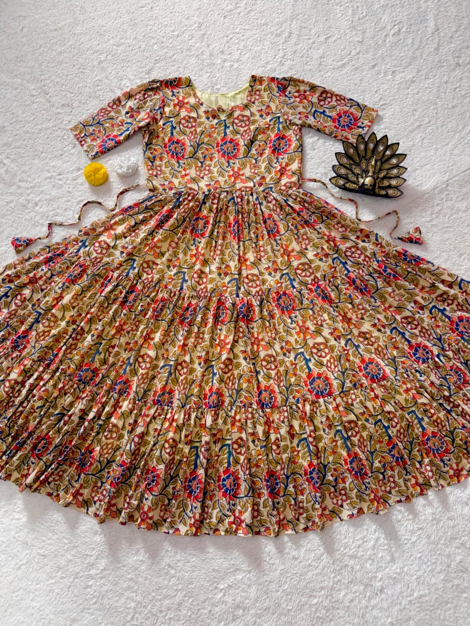 Designer Kalamkari Printed Midi Dress With Mobile Pocket