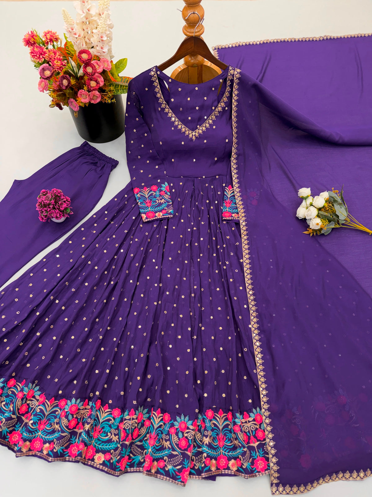 Georgette Embroidery Anarkali three piece set