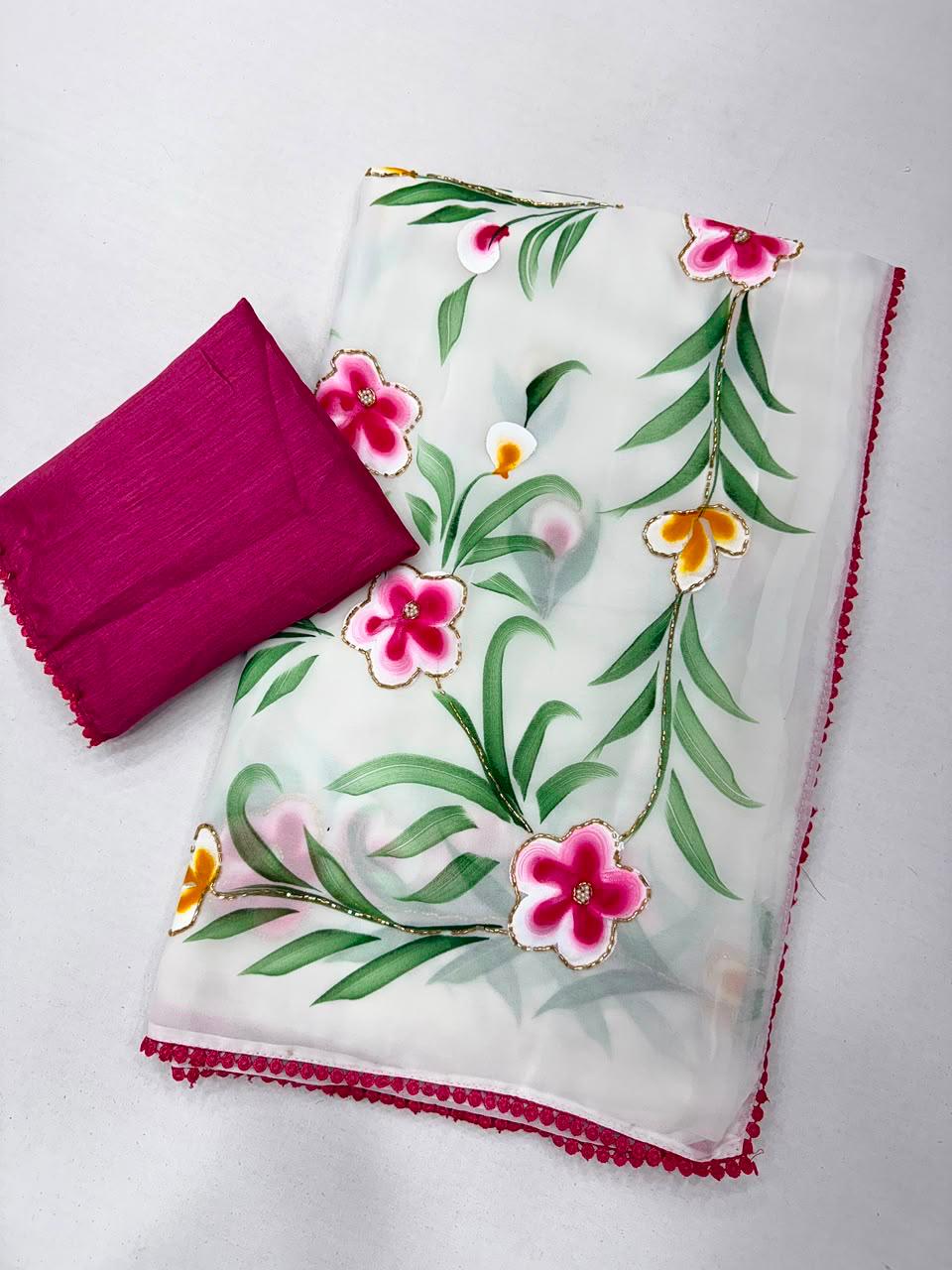 Beautiful Brush paint saree with handwork