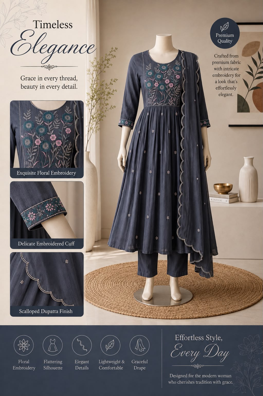 Floral embroidery three piece kurti sets