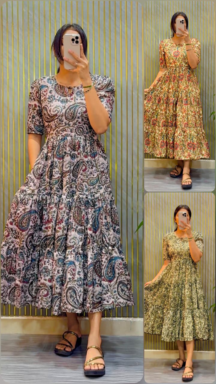 Designer Kalamkari Printed Midi Dress With Mobile Pocket