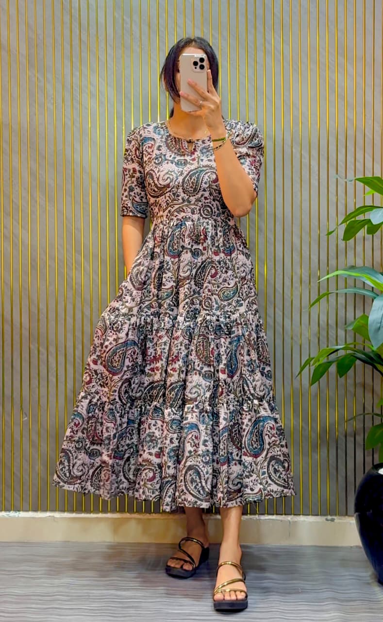 Designer Kalamkari Printed Midi Dress With Mobile Pocket