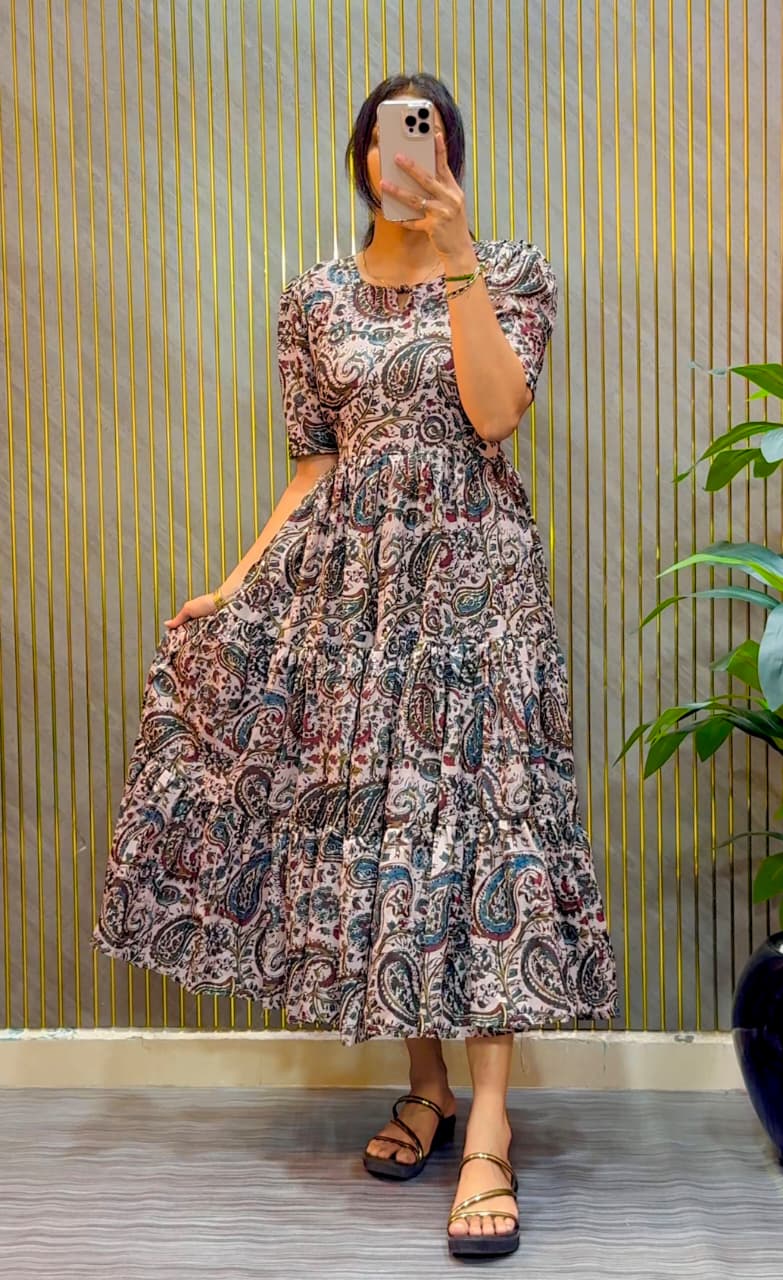Designer Kalamkari Printed Midi Dress With Mobile Pocket