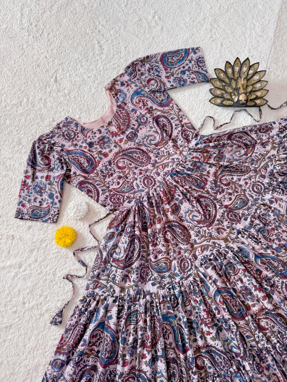 Designer Kalamkari Printed Midi Dress With Mobile Pocket