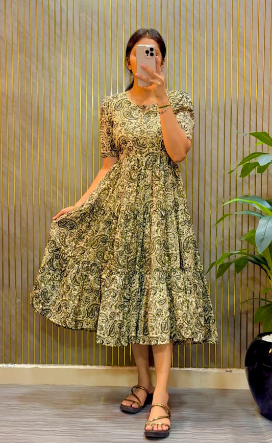 Designer Kalamkari Printed Midi Dress With Mobile Pocket