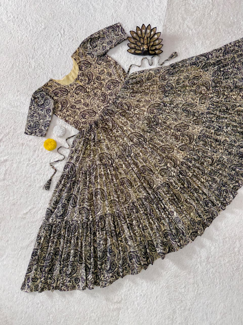 Designer Kalamkari Printed Midi Dress With Mobile Pocket