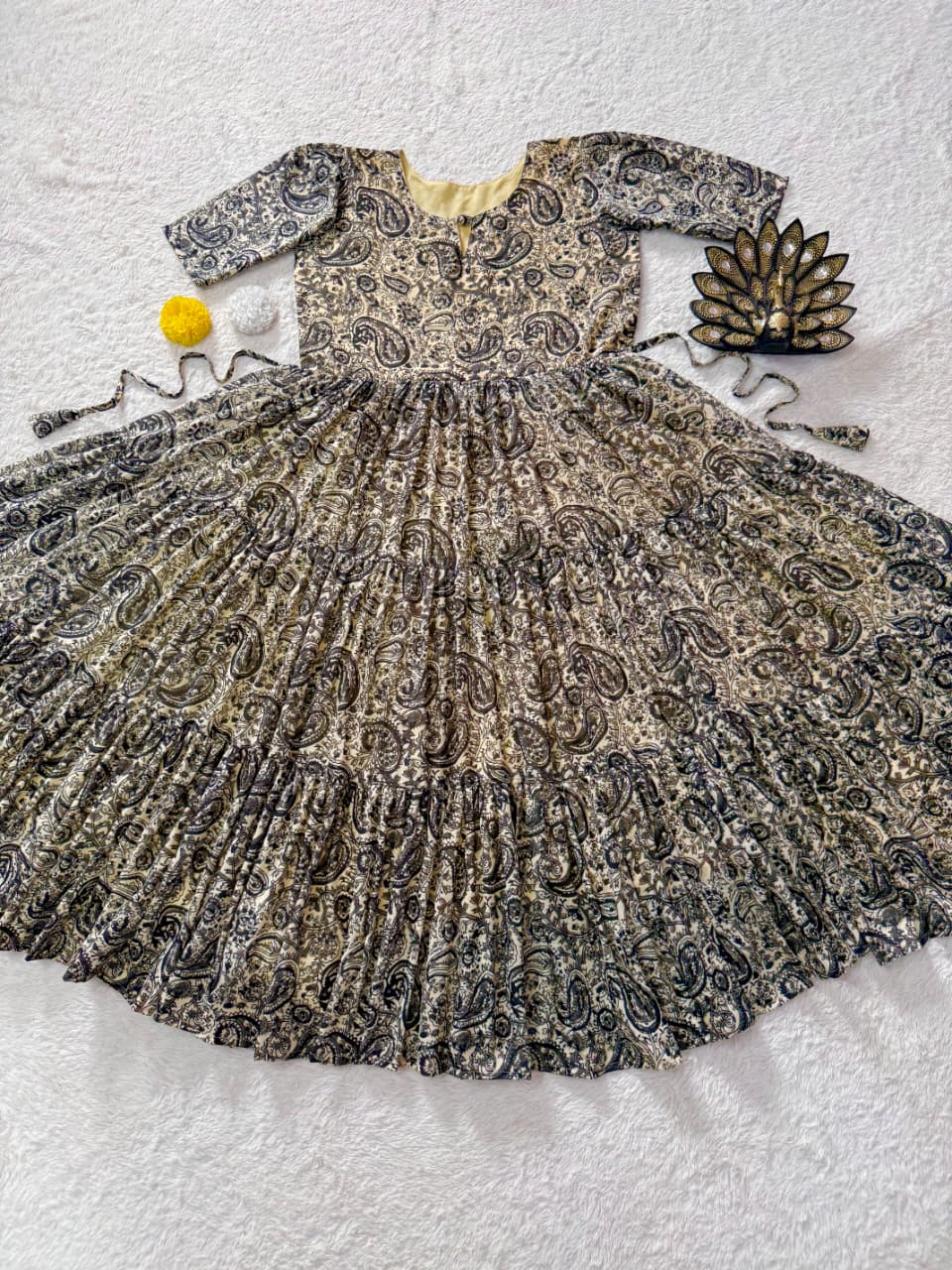 Designer Kalamkari Printed Midi Dress With Mobile Pocket