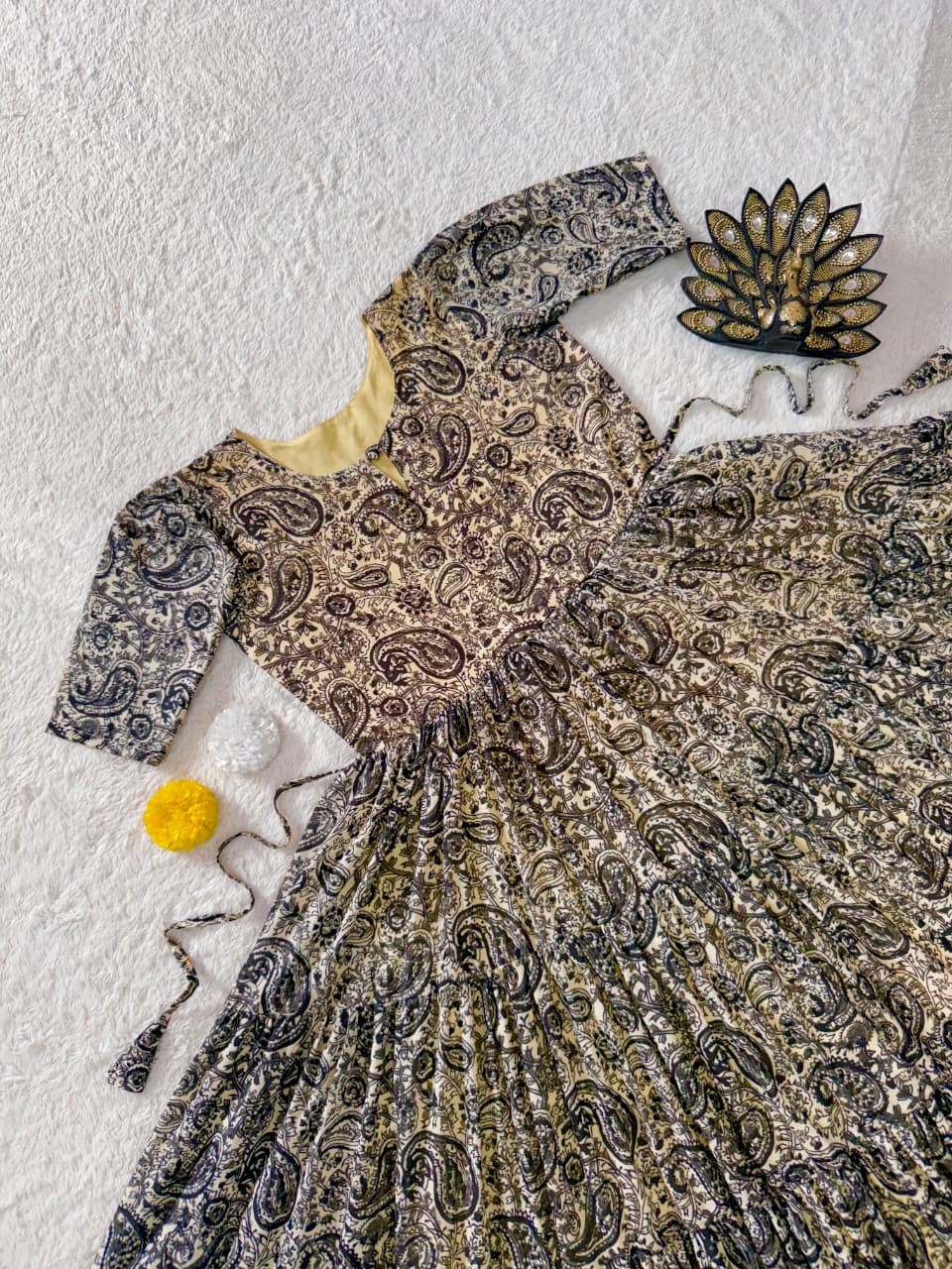 Designer Kalamkari Printed Midi Dress With Mobile Pocket