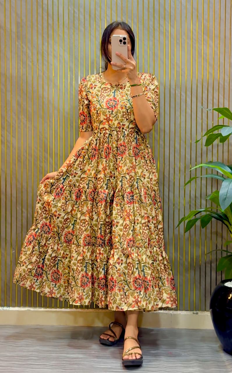 Designer Kalamkari Printed Midi Dress With Mobile Pocket