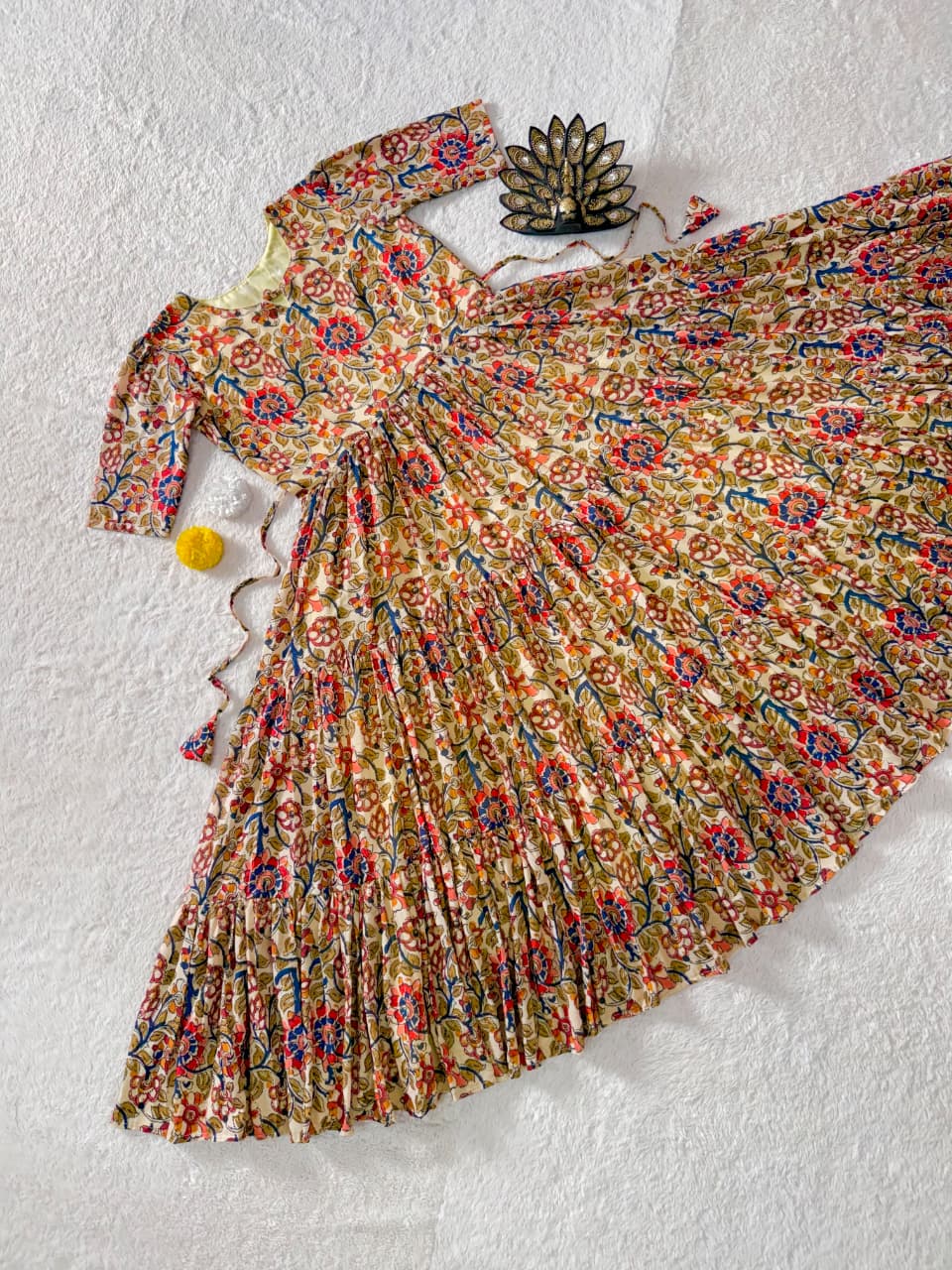 Designer Kalamkari Printed Midi Dress With Mobile Pocket