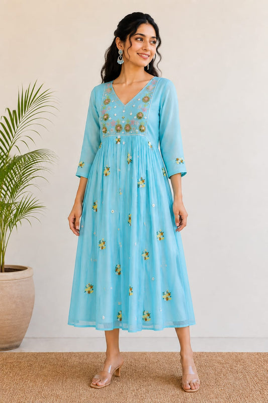 Mul chanderi maggam work anarkali kurti