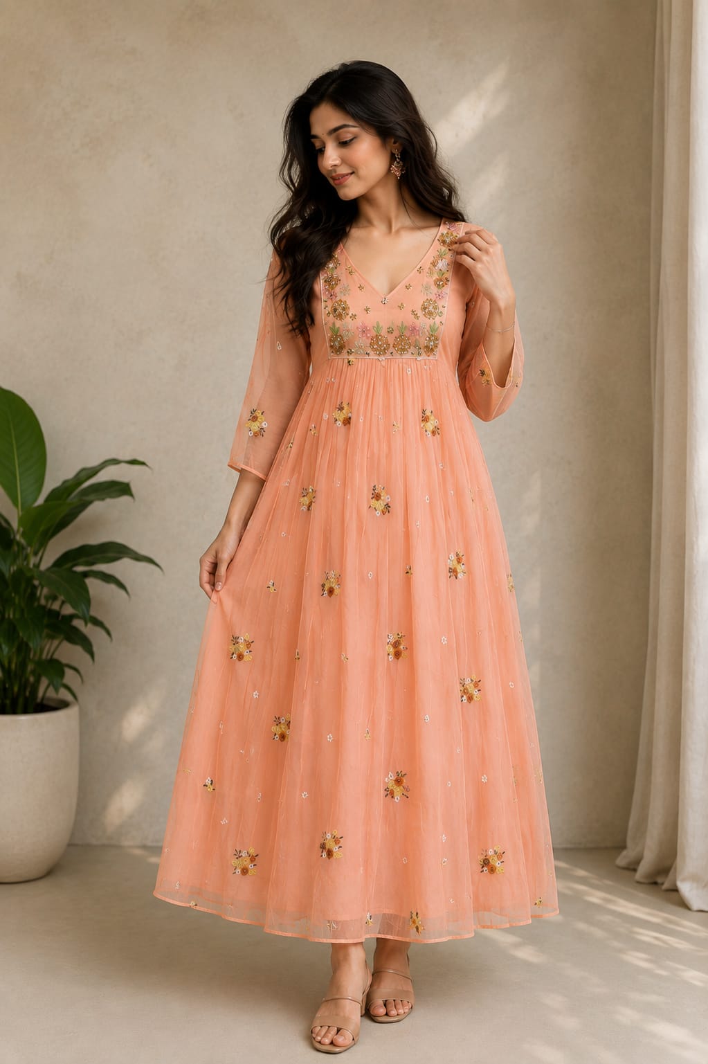 Mul chanderi maggam work anarkali kurti