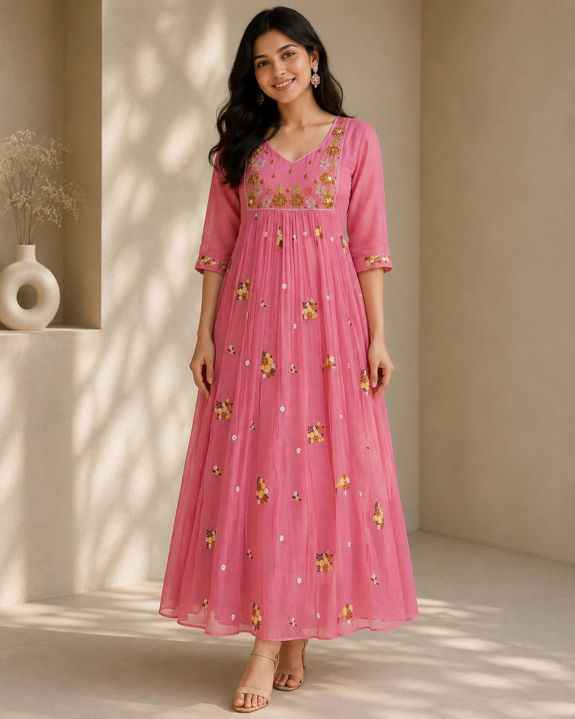 Mul chanderi maggam work anarkali kurti