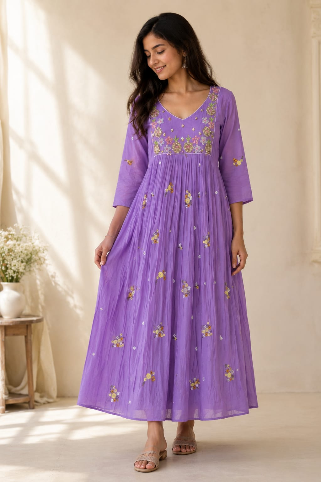 Mul chanderi maggam work anarkali kurti