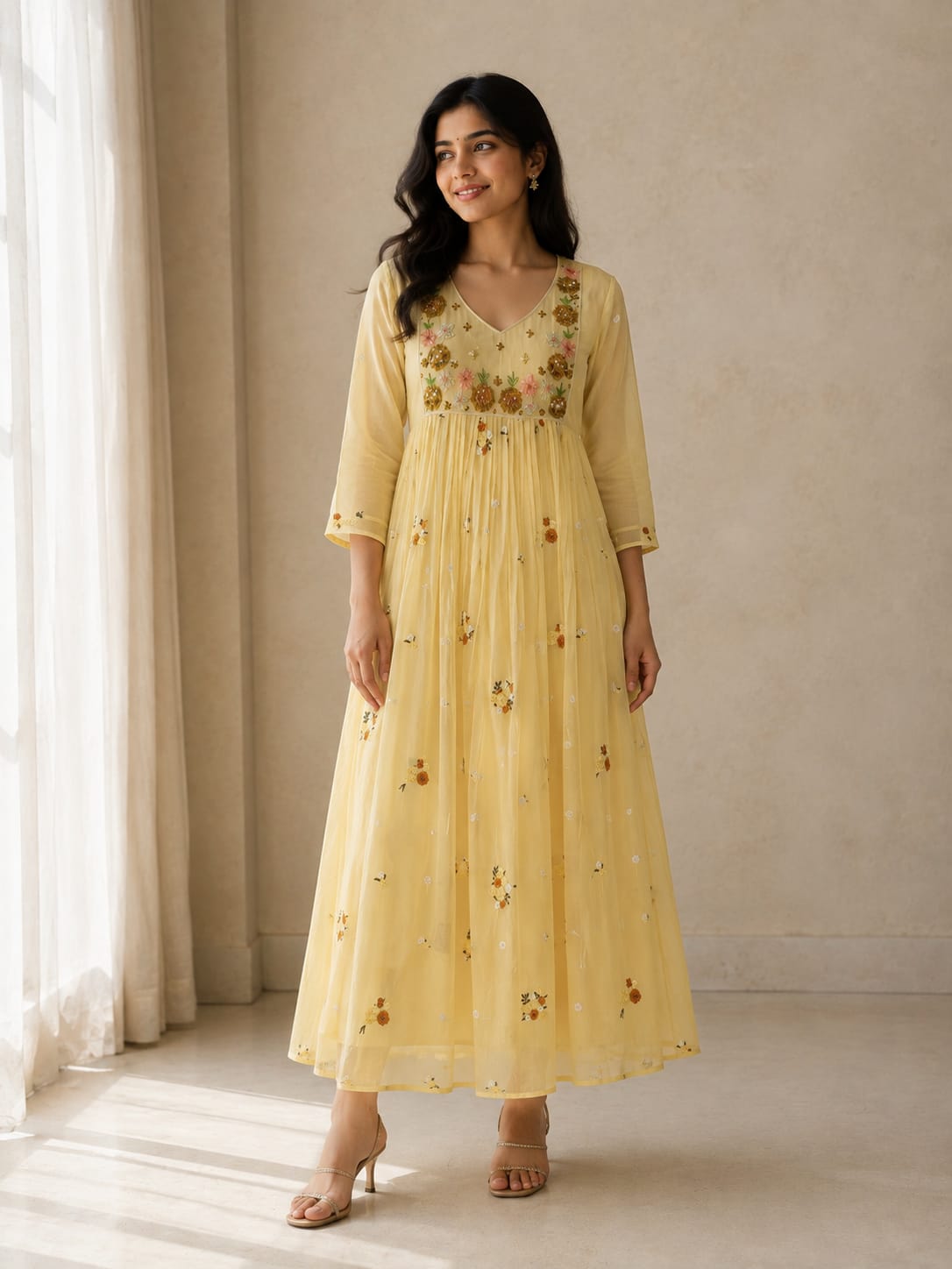 Mul chanderi maggam work anarkali kurti