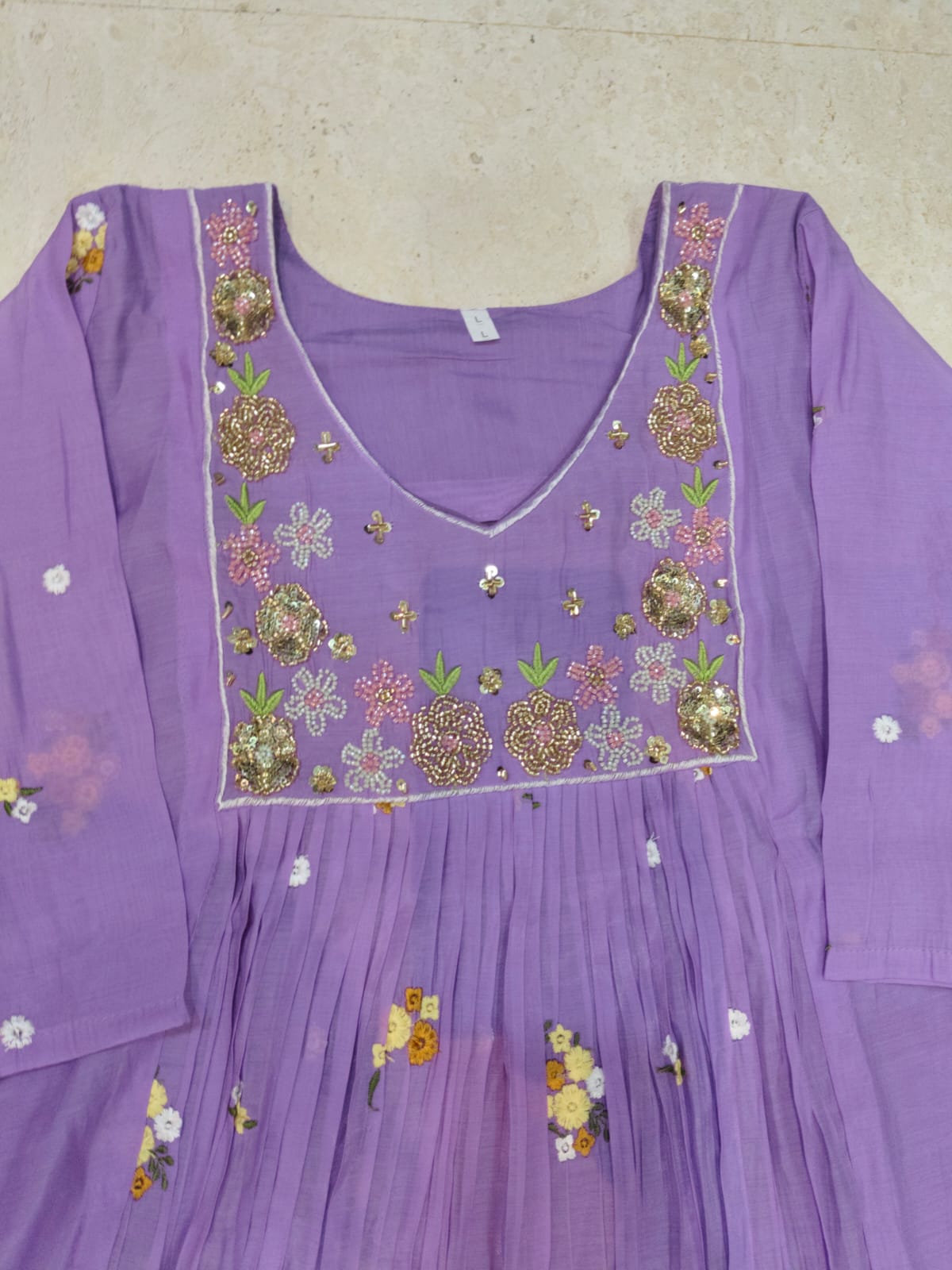 Mul chanderi maggam work anarkali kurti