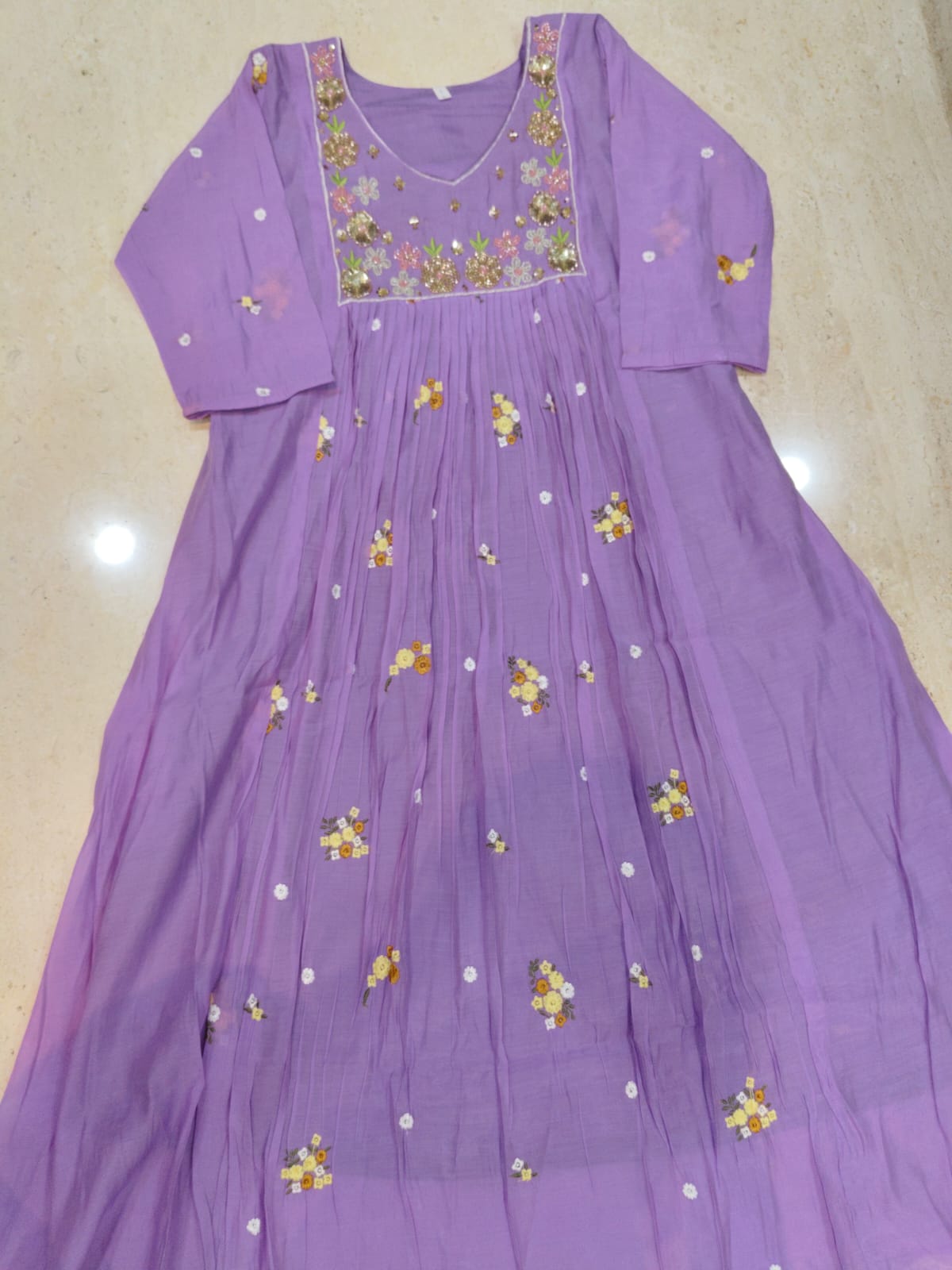 Mul chanderi maggam work anarkali kurti