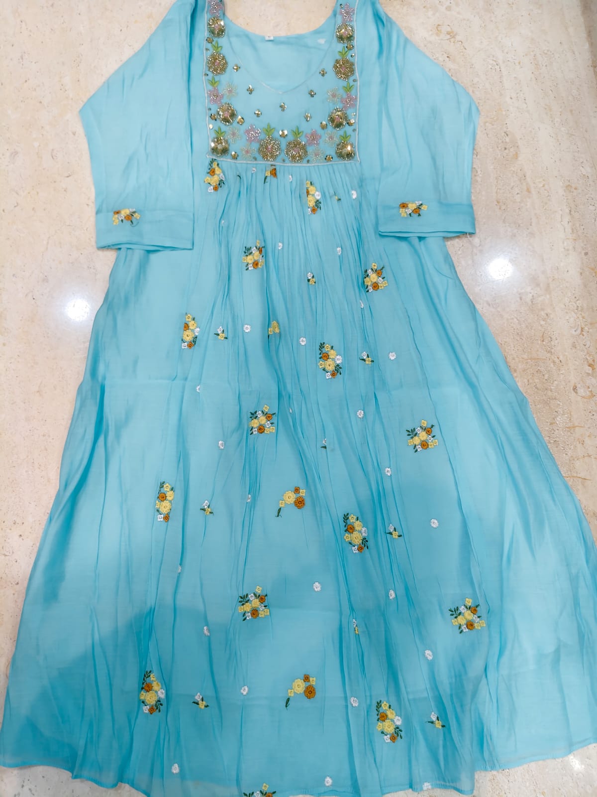 Mul chanderi maggam work anarkali kurti