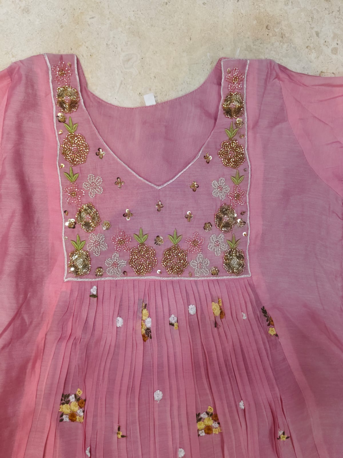 Mul chanderi maggam work anarkali kurti