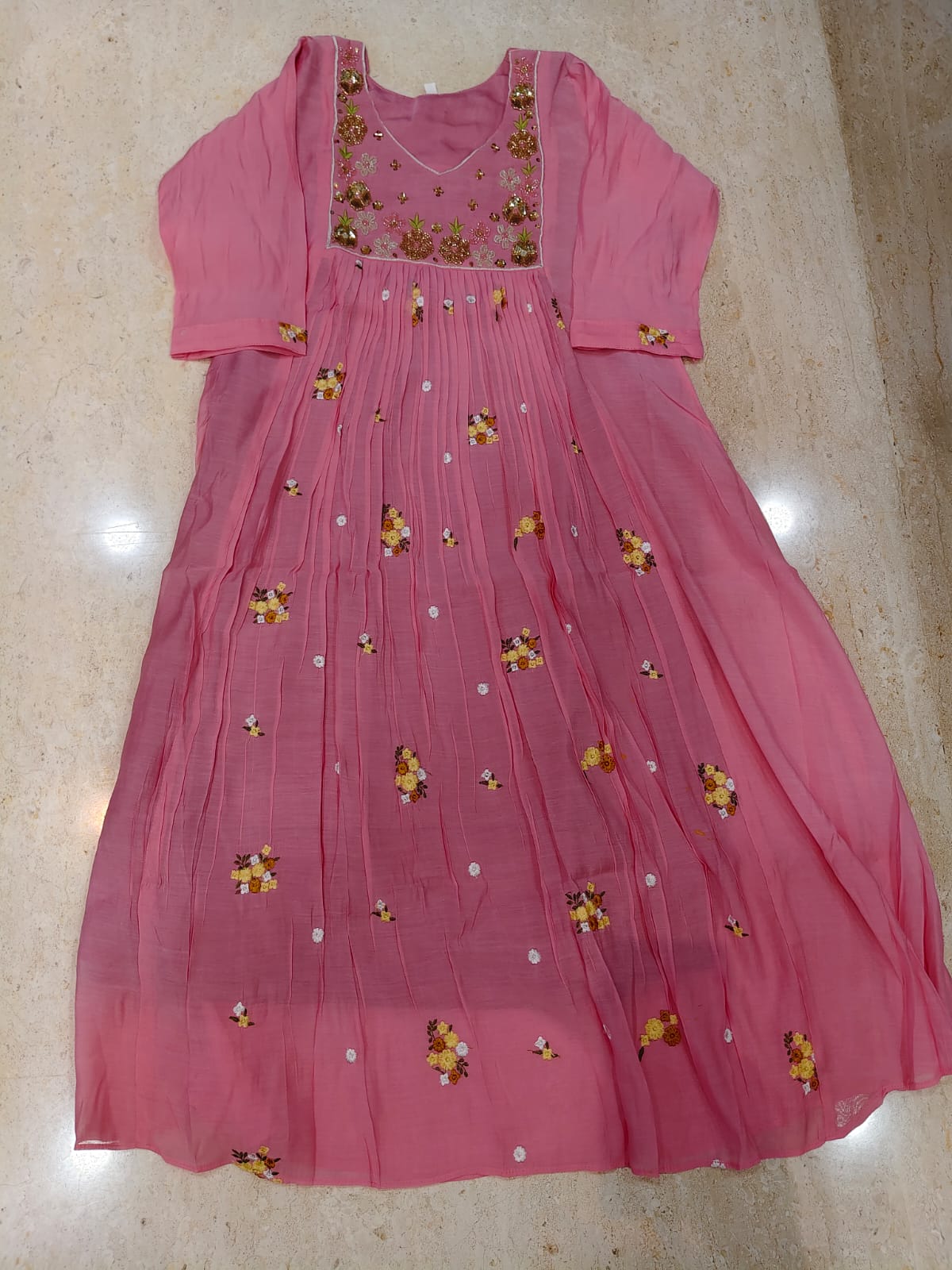Mul chanderi maggam work anarkali kurti