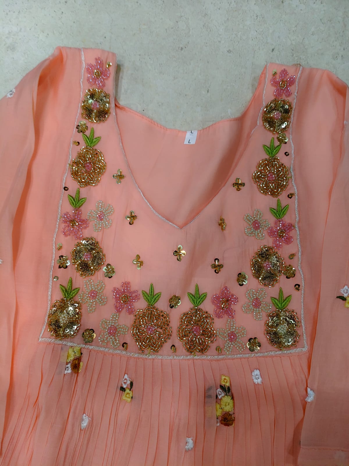 Mul chanderi maggam work anarkali kurti