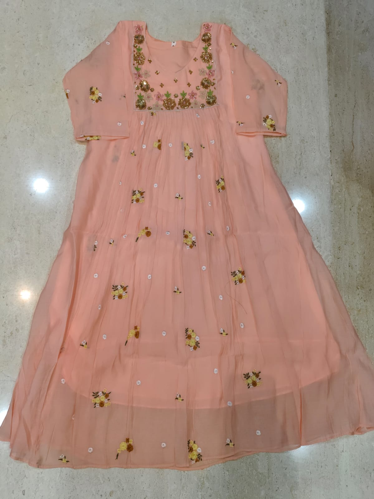 Mul chanderi maggam work anarkali kurti
