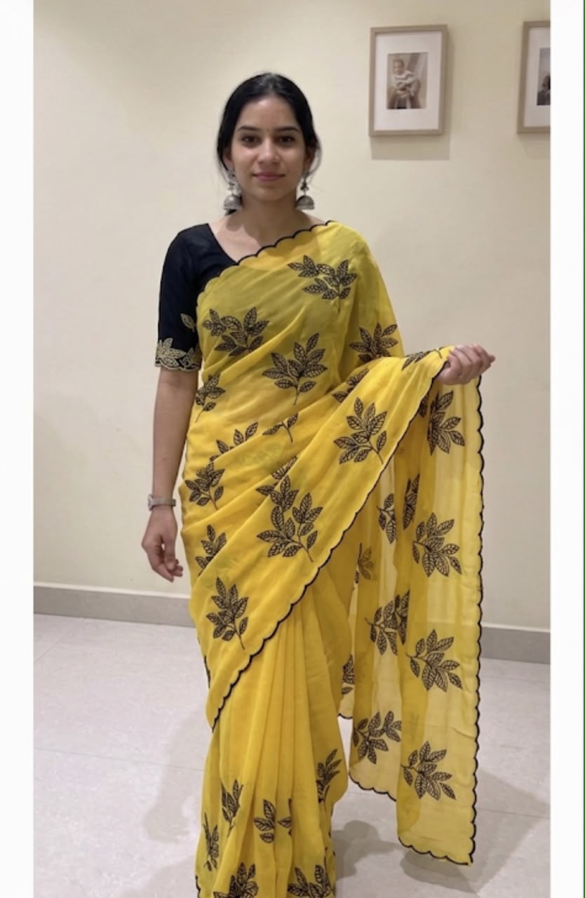 Chinnon silk saree with embroidery scalloped cut work border