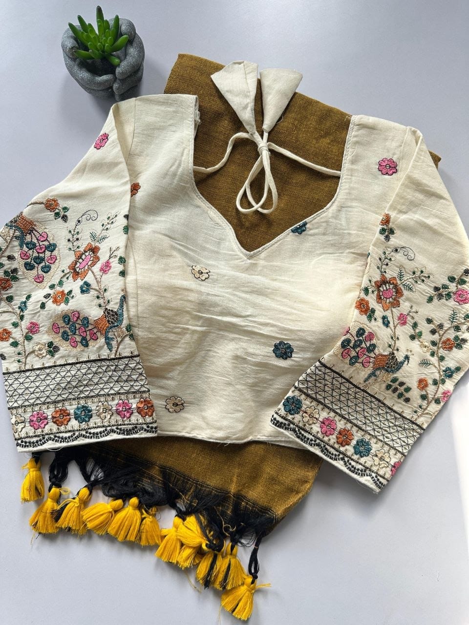 Khadi cotton saree with stitched blouse