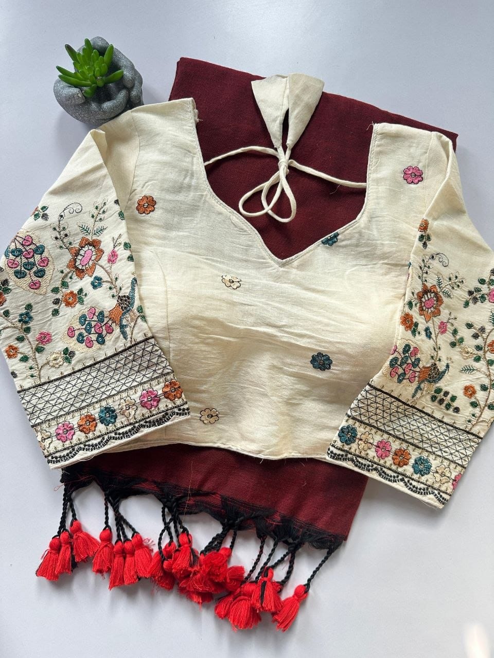Khadi cotton saree with stitched blouse