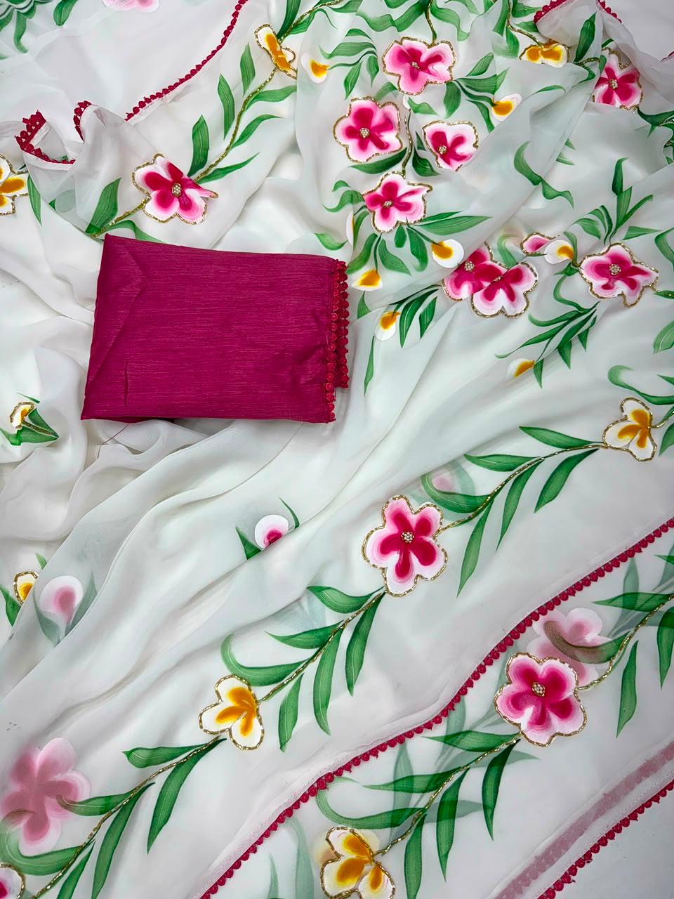Beautiful Brush paint  saree with handwork