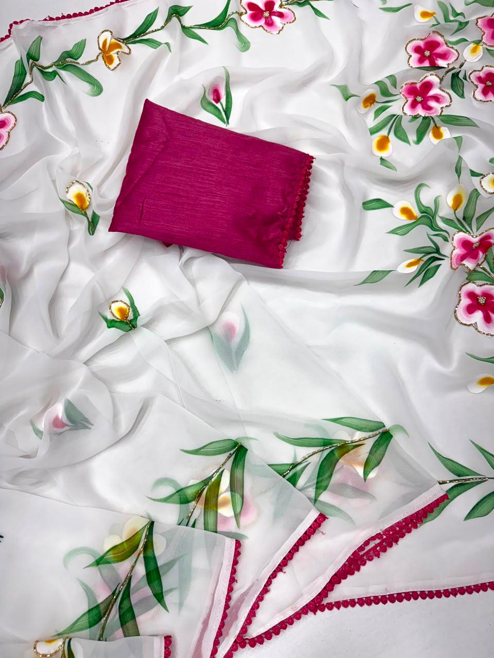 Beautiful Brush paint  saree with handwork