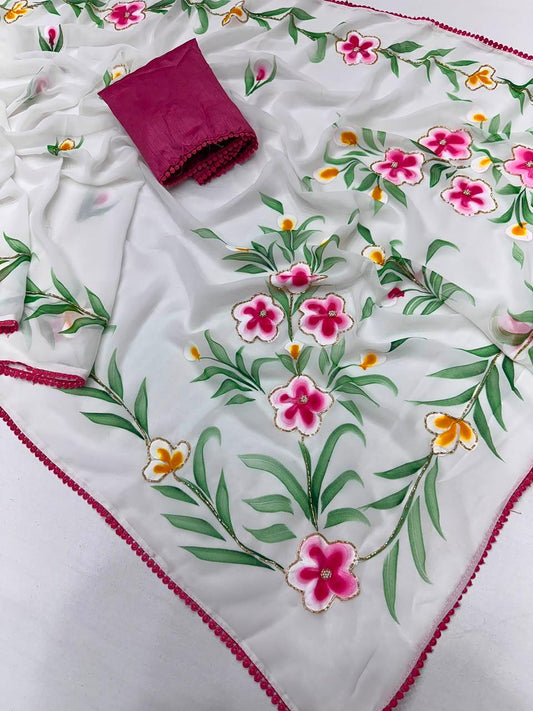Beautiful Brush paint  saree with handwork