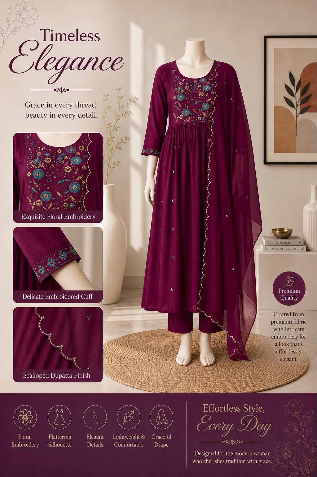 Floral embroidery three piece kurti sets