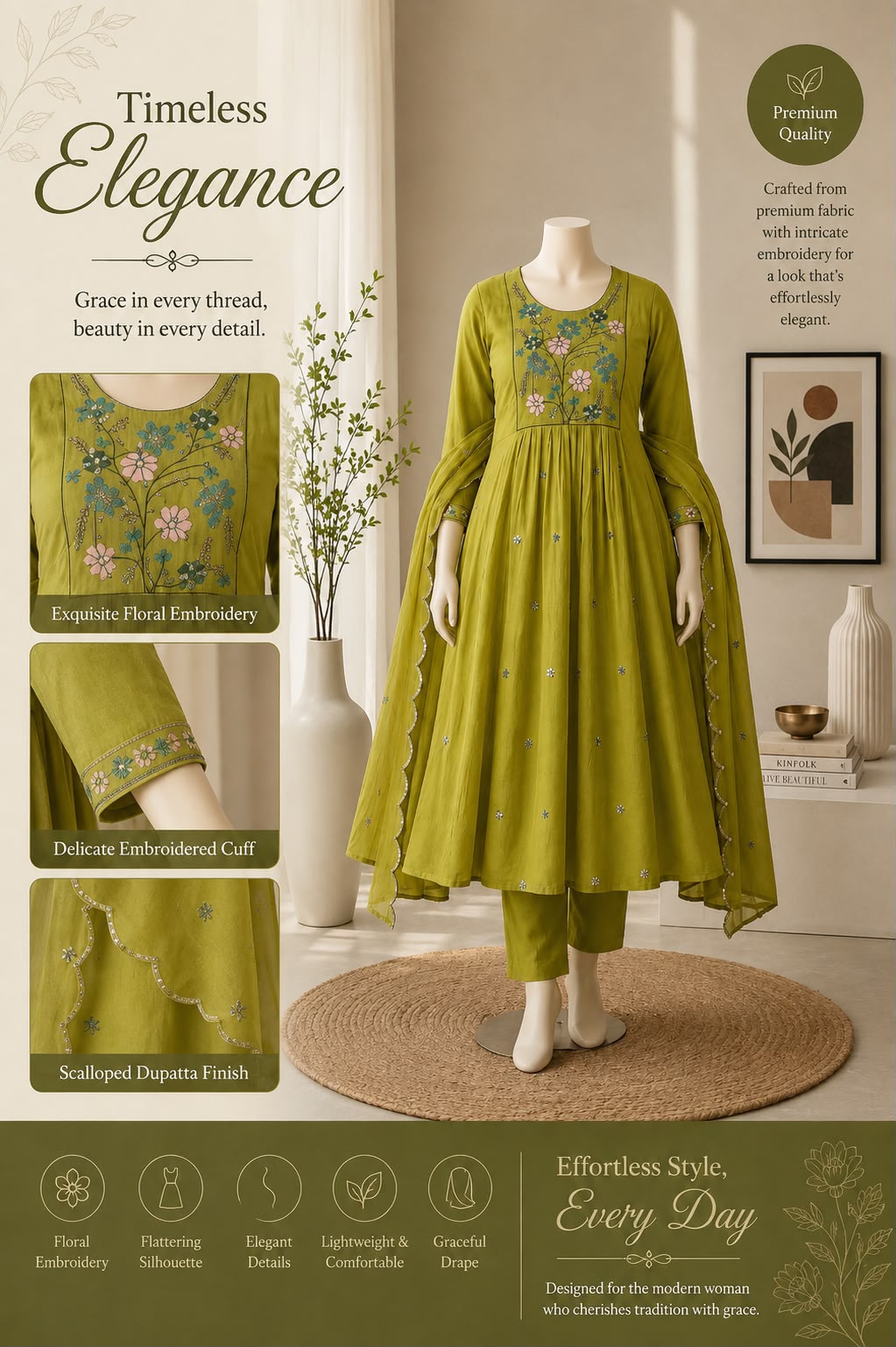 Floral embroidery three piece kurti sets