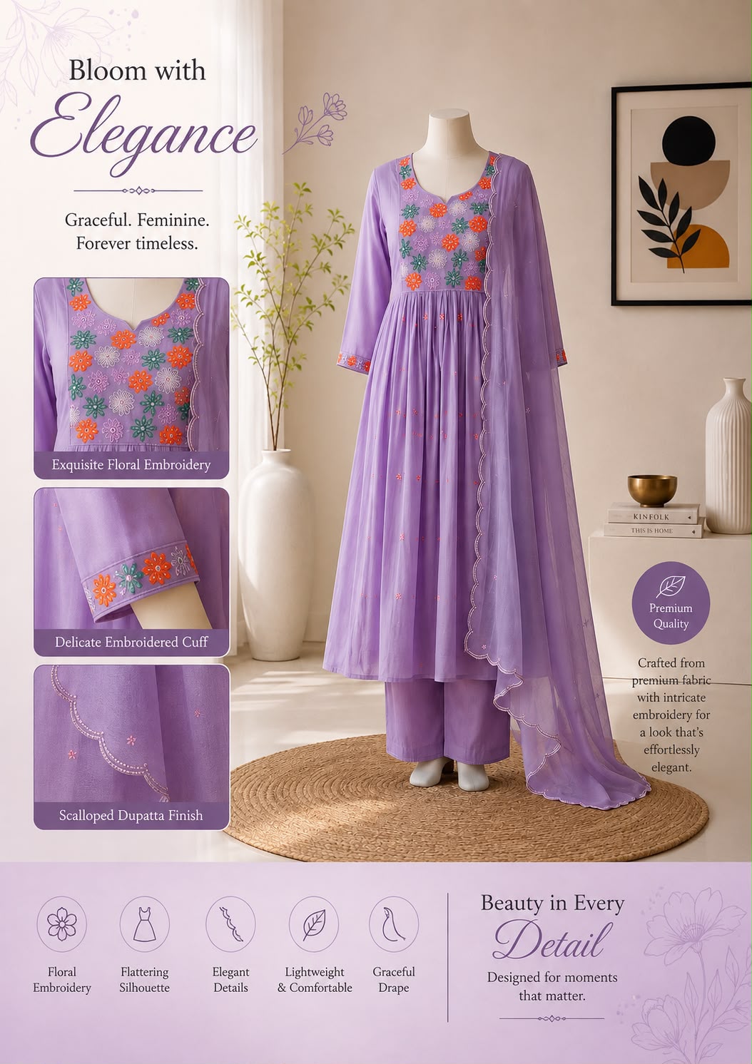 Floral embroidery three piece kurti sets