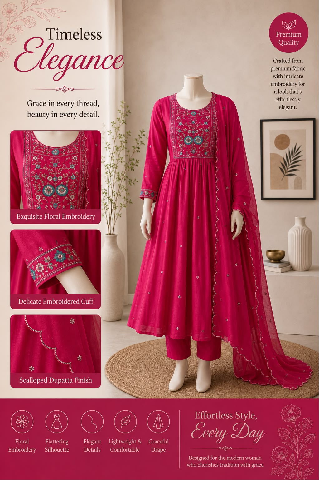 Floral embroidery three piece kurti sets