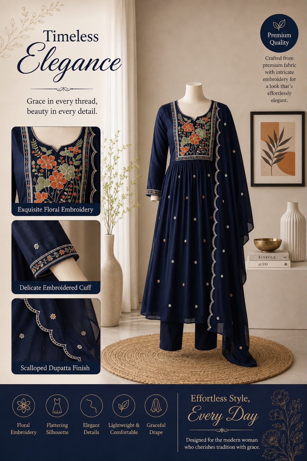 Floral embroidery three piece kurti sets