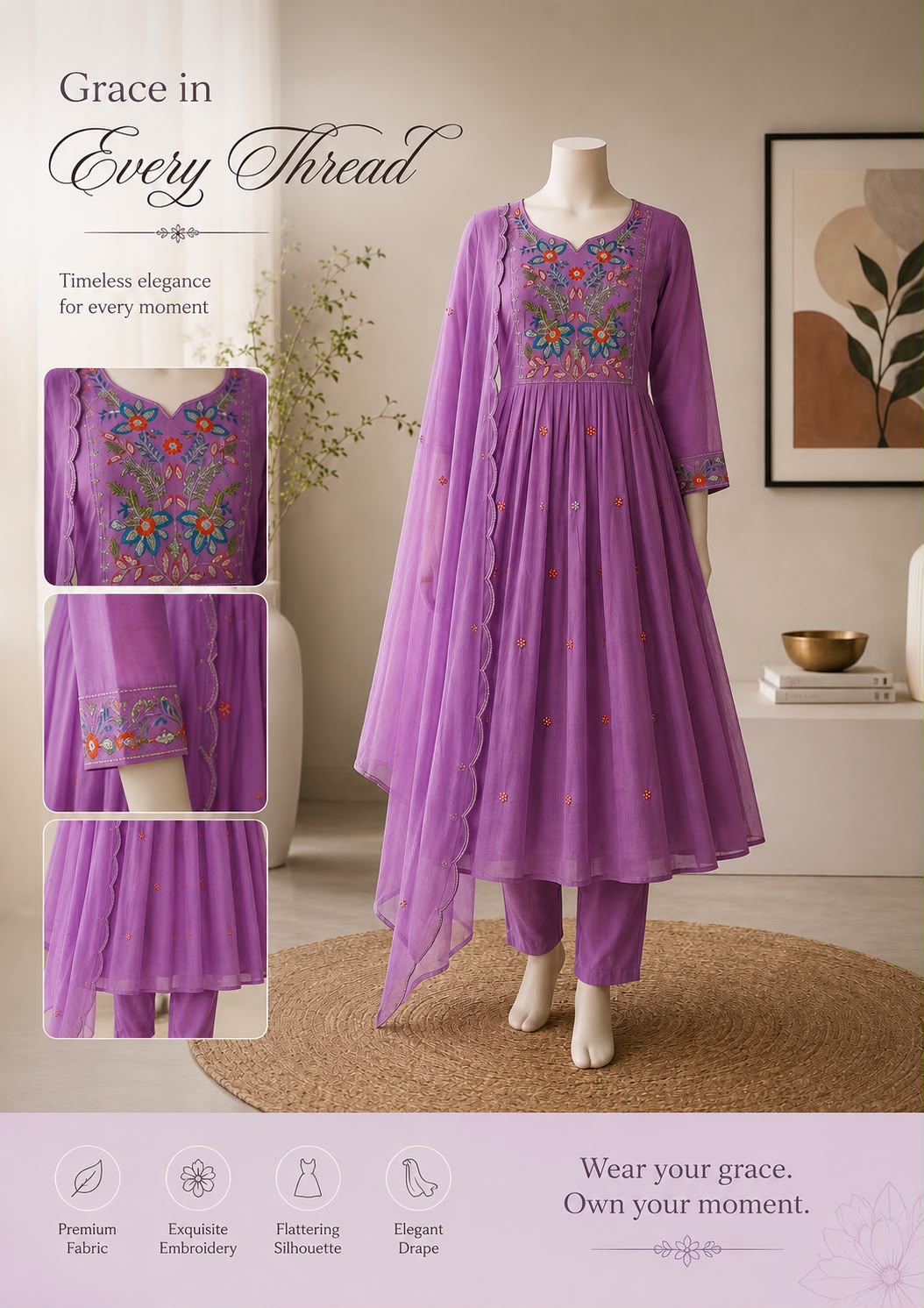 Floral embroidery three piece kurti sets