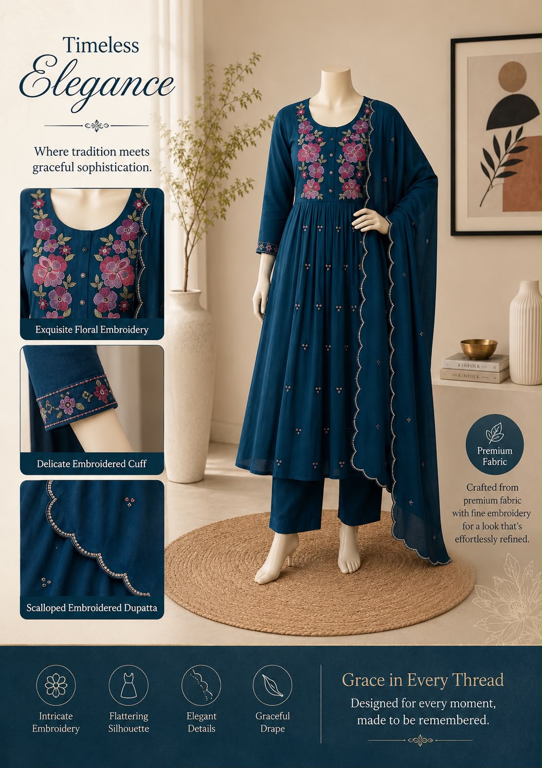 Floral embroidery three piece kurti sets