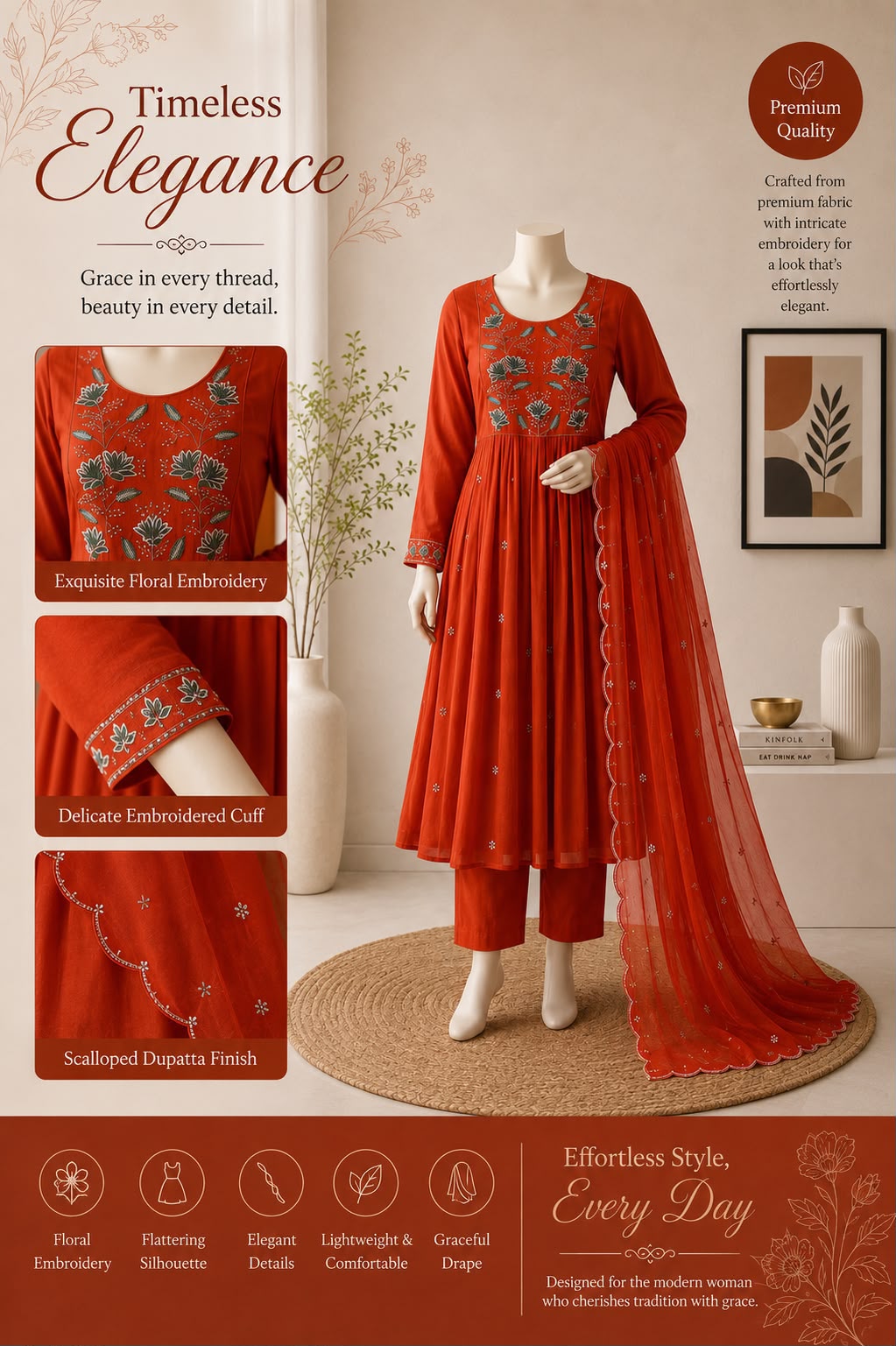 Floral embroidery three piece kurti sets