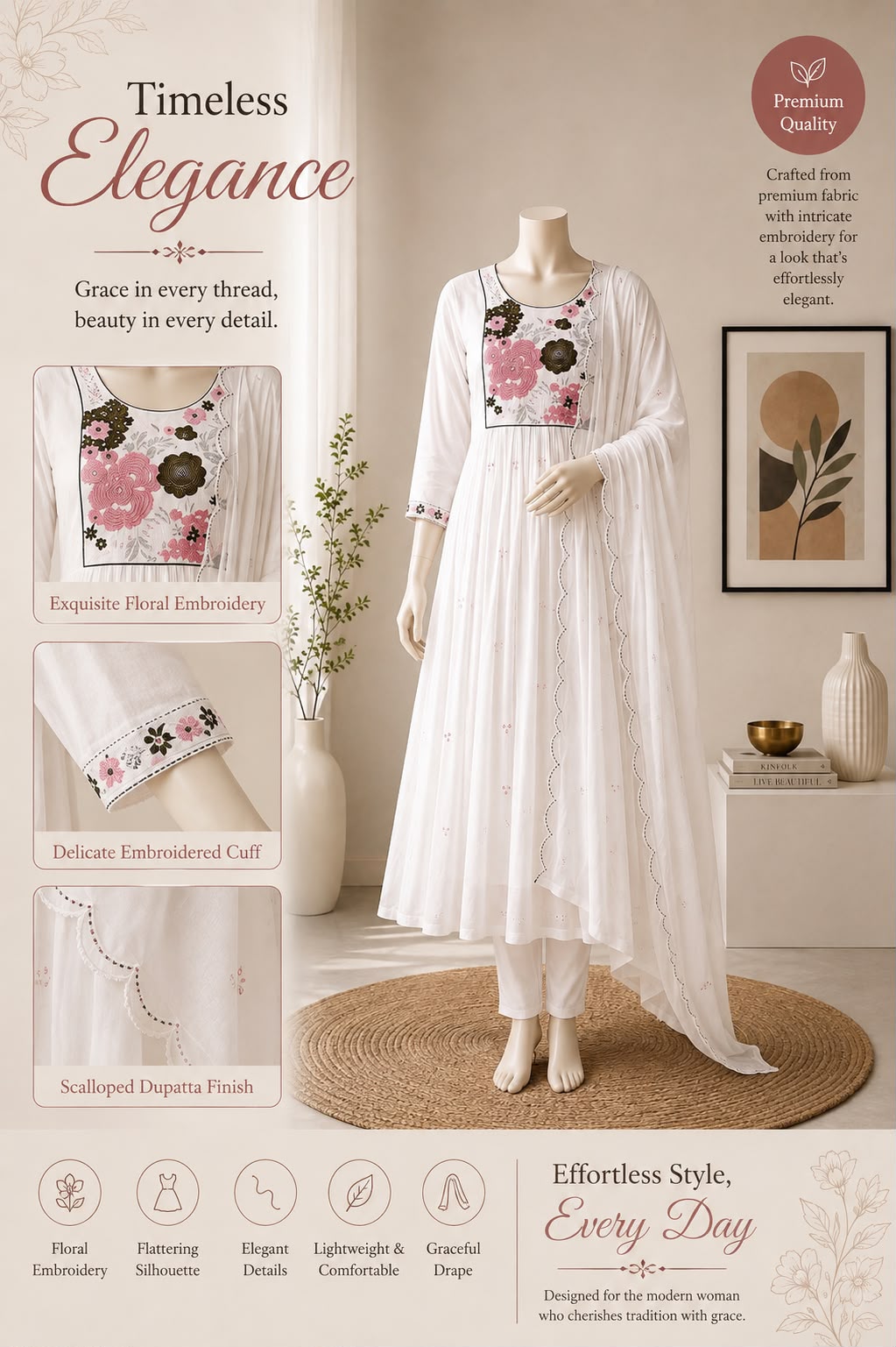 Floral embroidery three piece kurti sets