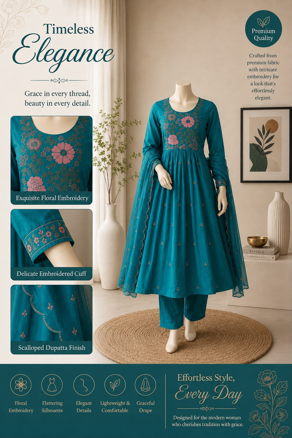 Floral embroidery three piece kurti sets