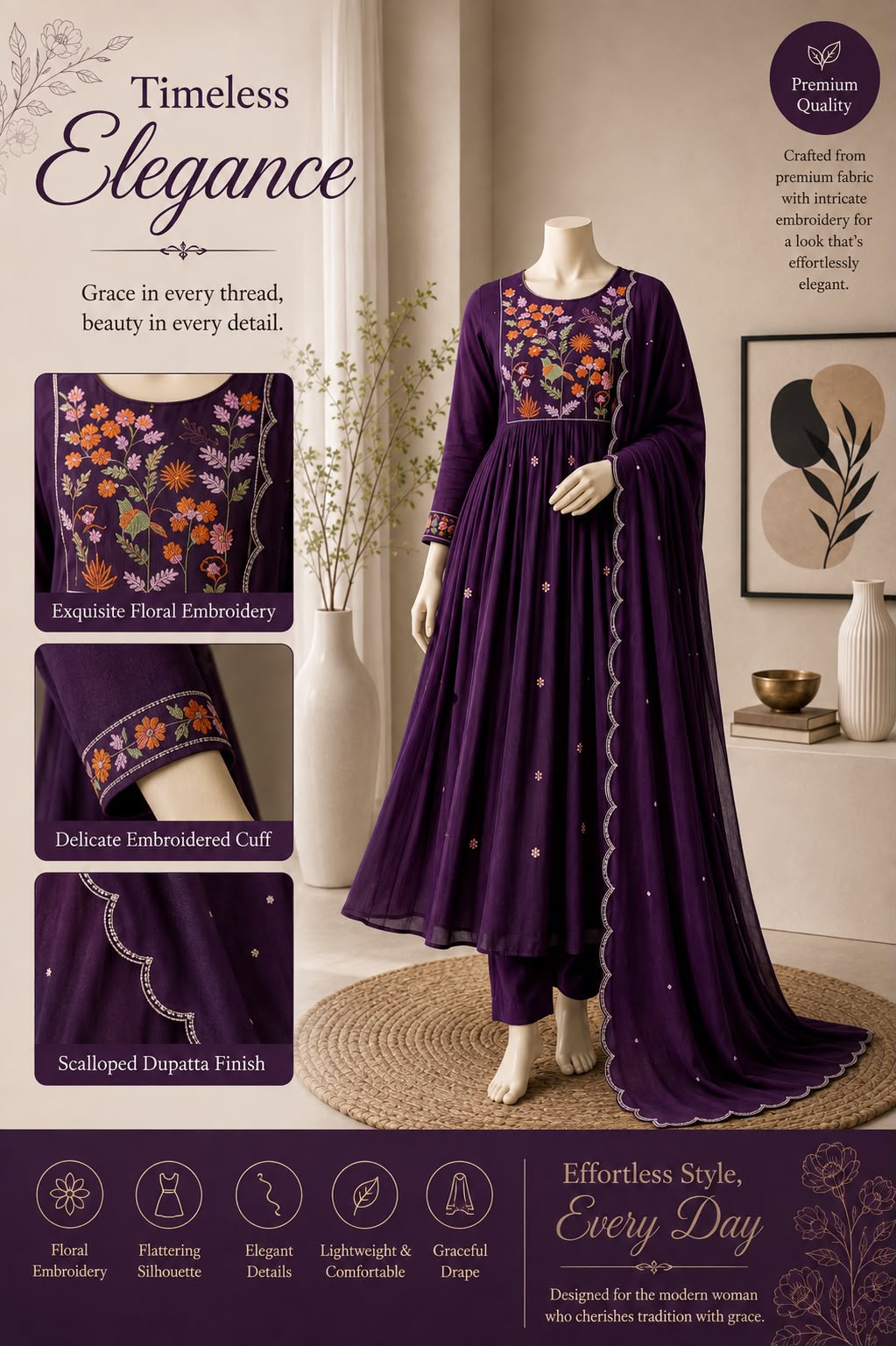 Floral embroidery three piece kurti sets