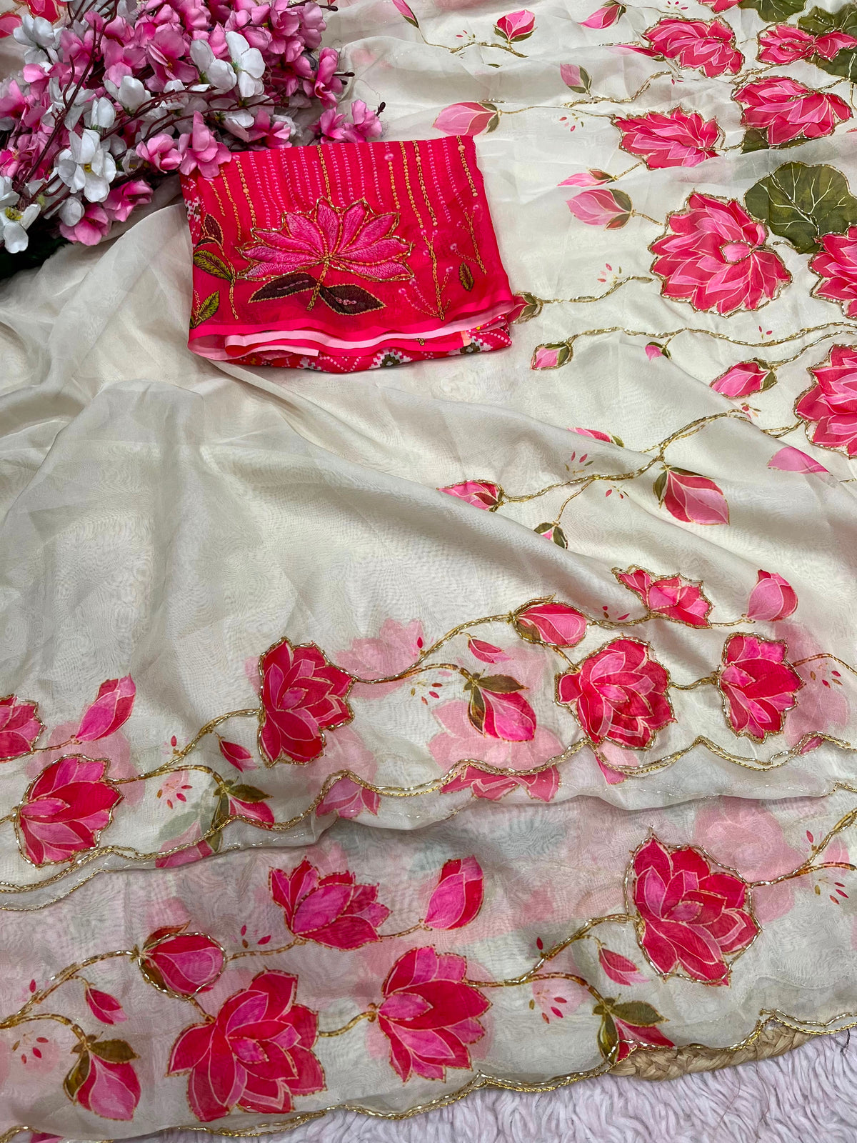 Beautiful lotus floral print saree with cutdana work