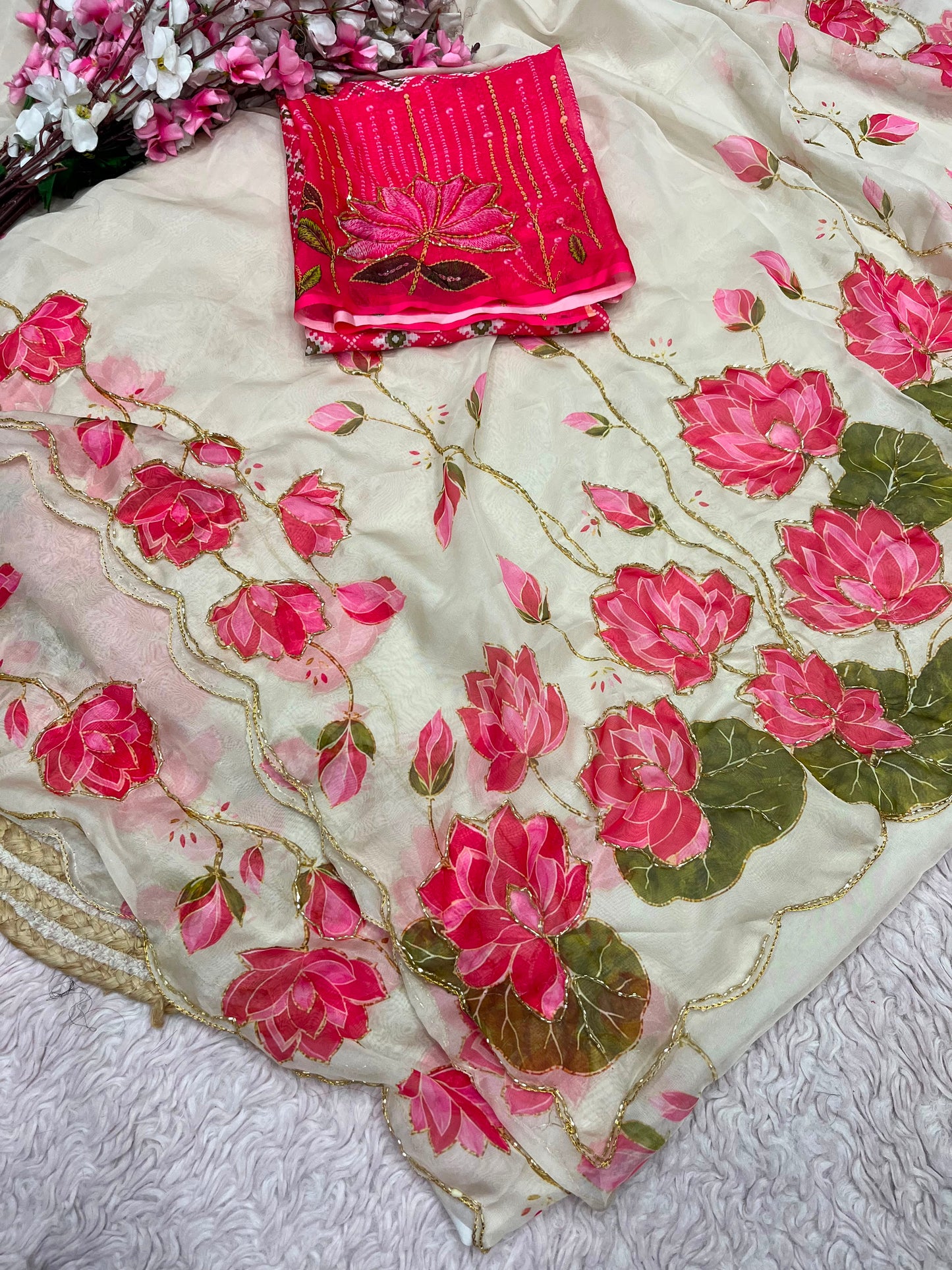 Beautiful lotus floral print saree with cutdana work