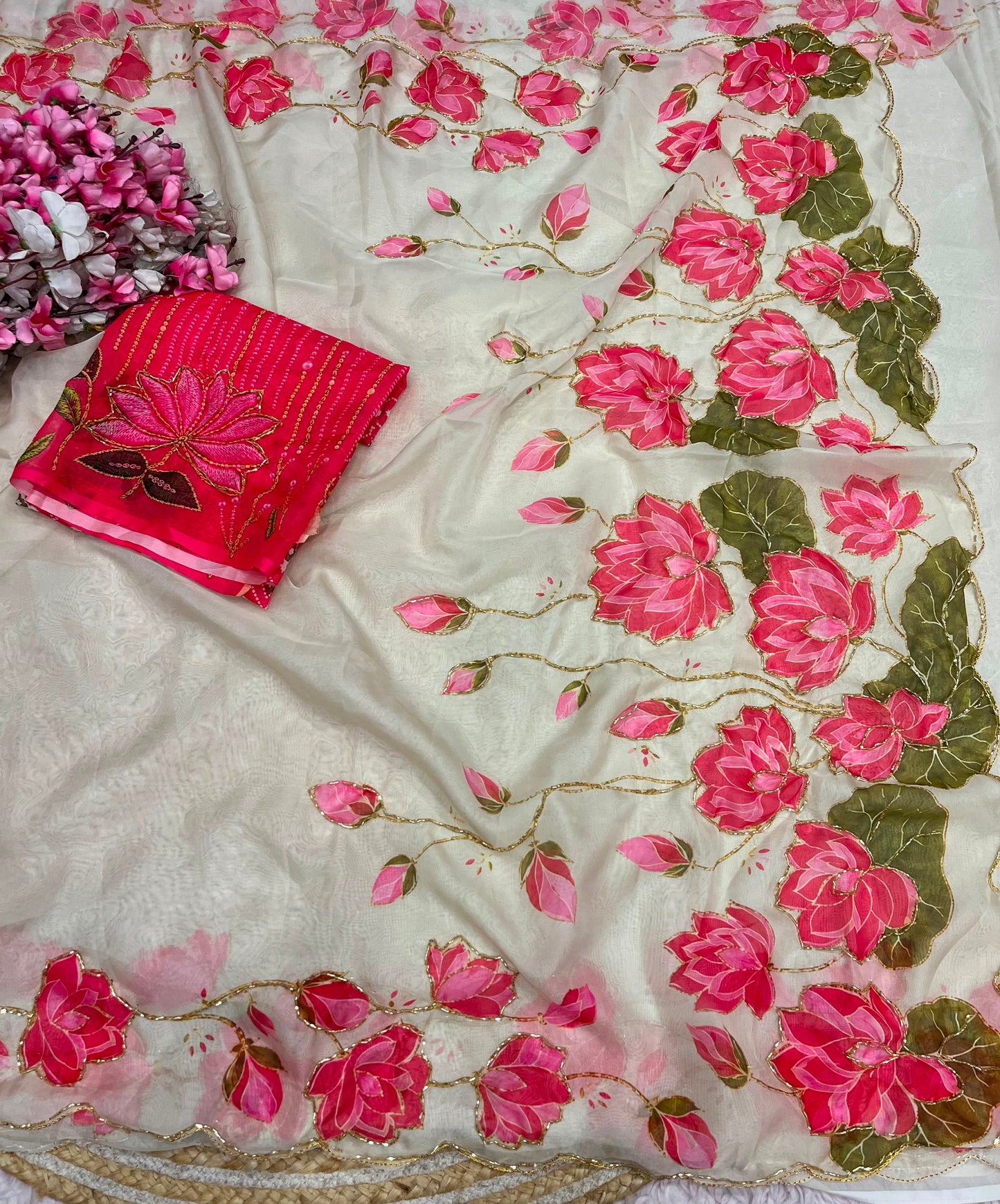 Beautiful lotus floral print saree with cutdana work