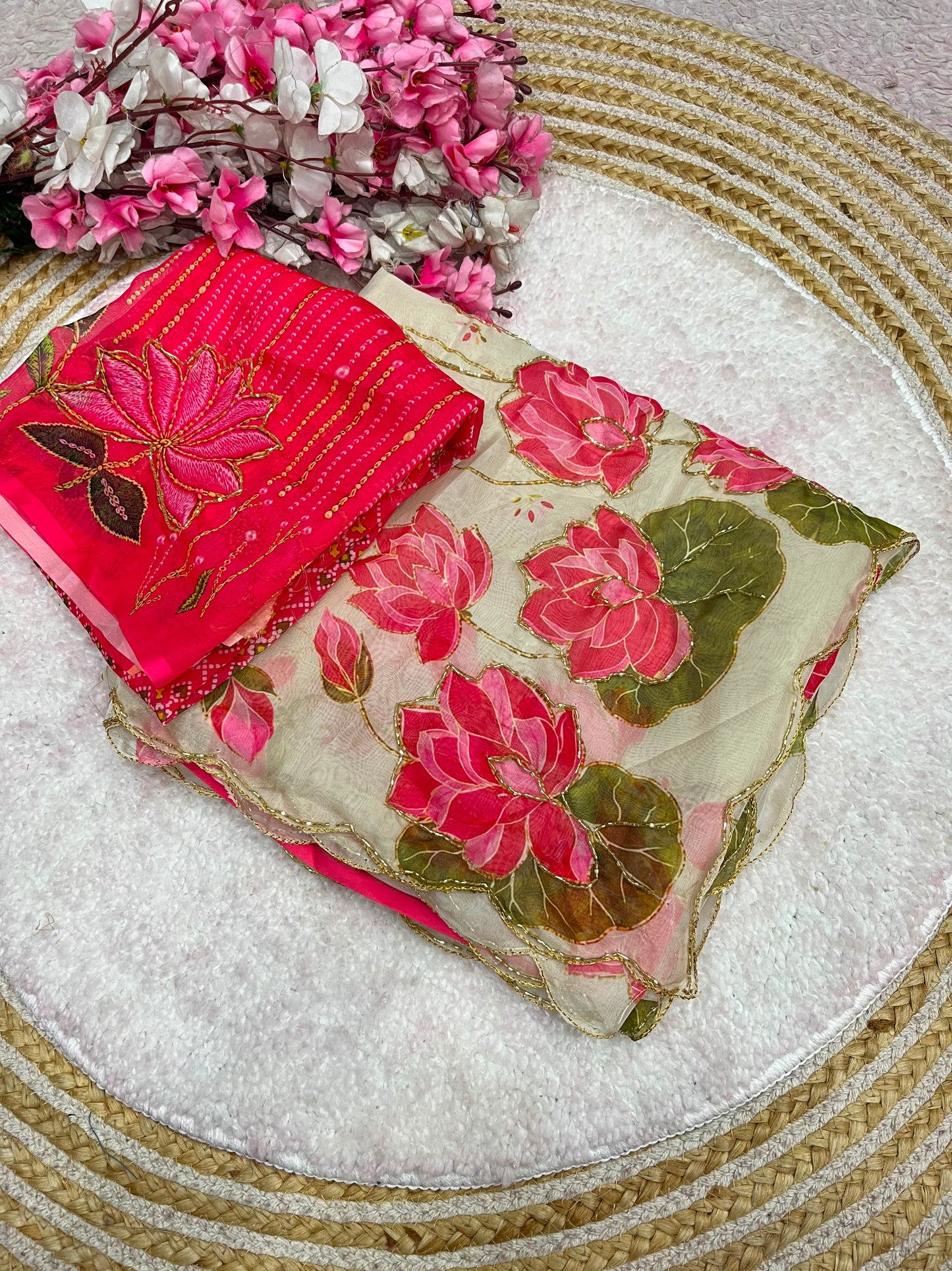 Beautiful lotus floral print saree with cutdana work