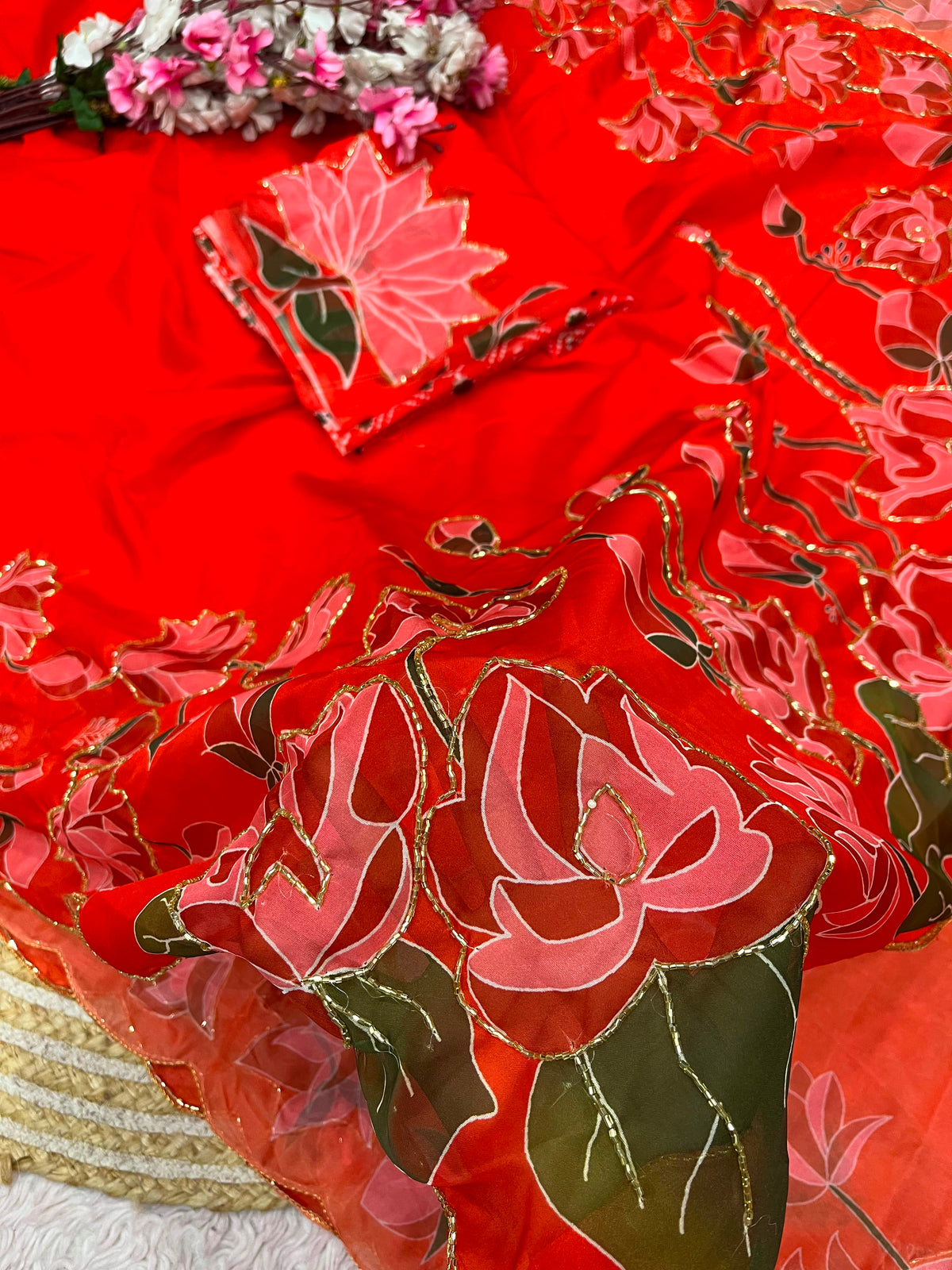 Beautiful lotus floral print saree with cutdana work