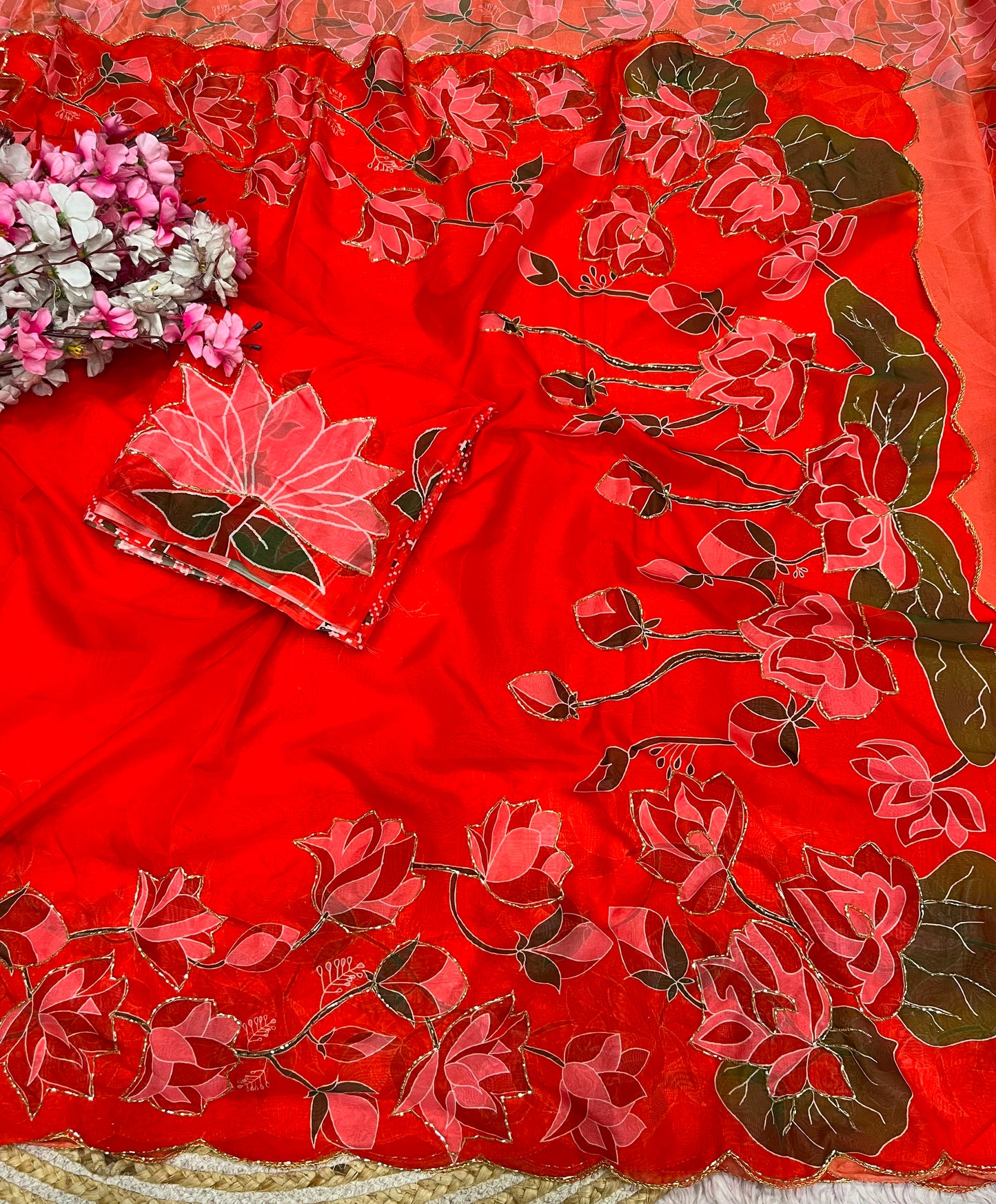 Beautiful lotus floral print saree with cutdana work
