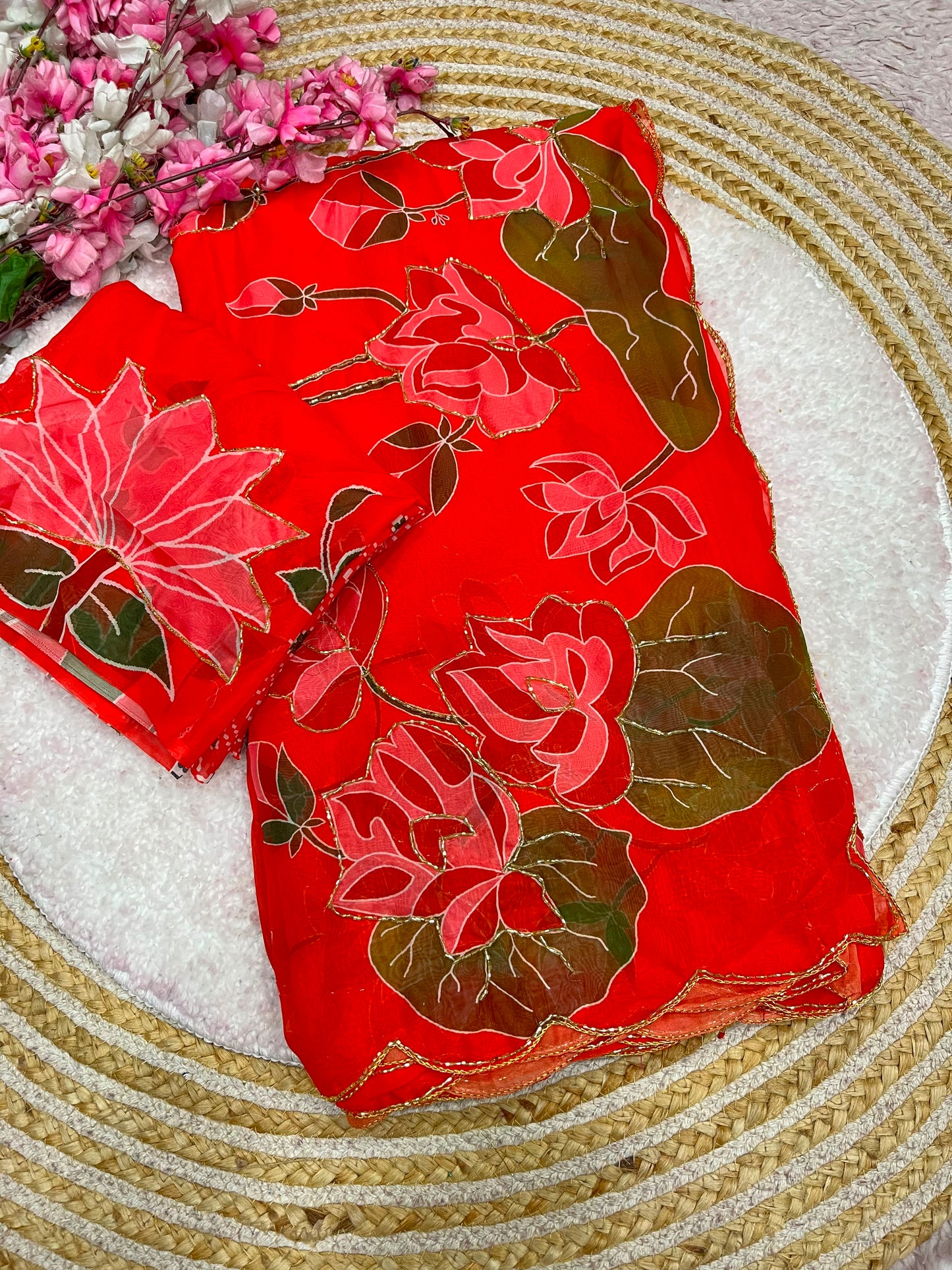 Beautiful lotus floral print saree with cutdana work